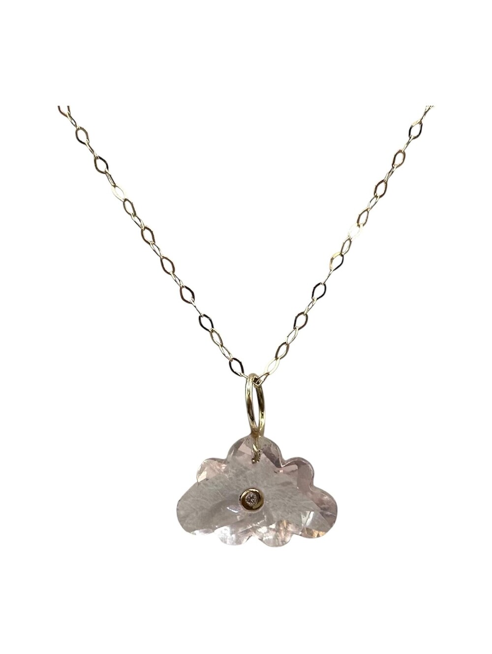 14K Yellow Gold Rose Quartz Diamond Cloud Necklace 18 Inch